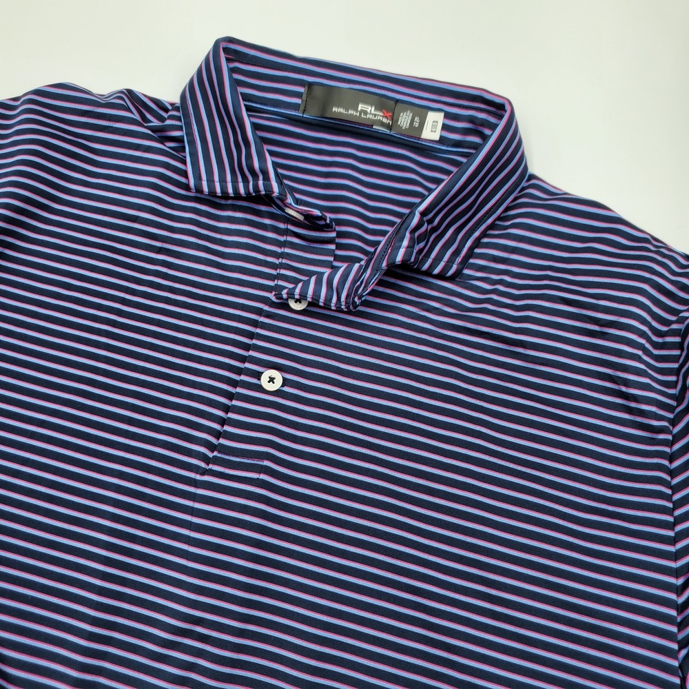 RLX Ralph Lauren Men XL Navy Pink Striped Trump National Hudson Valley Polo Flaw